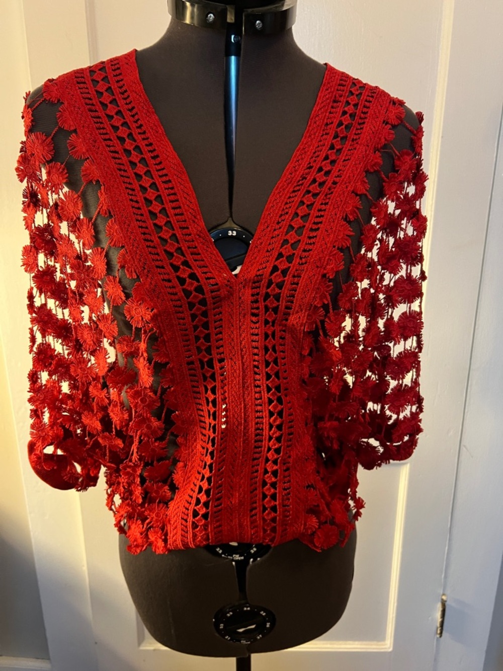 San Joy Red Crochet V-Neck floral Sweater